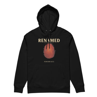 Renamed Hoodie Black flat lay mockup showing front fingerprint design